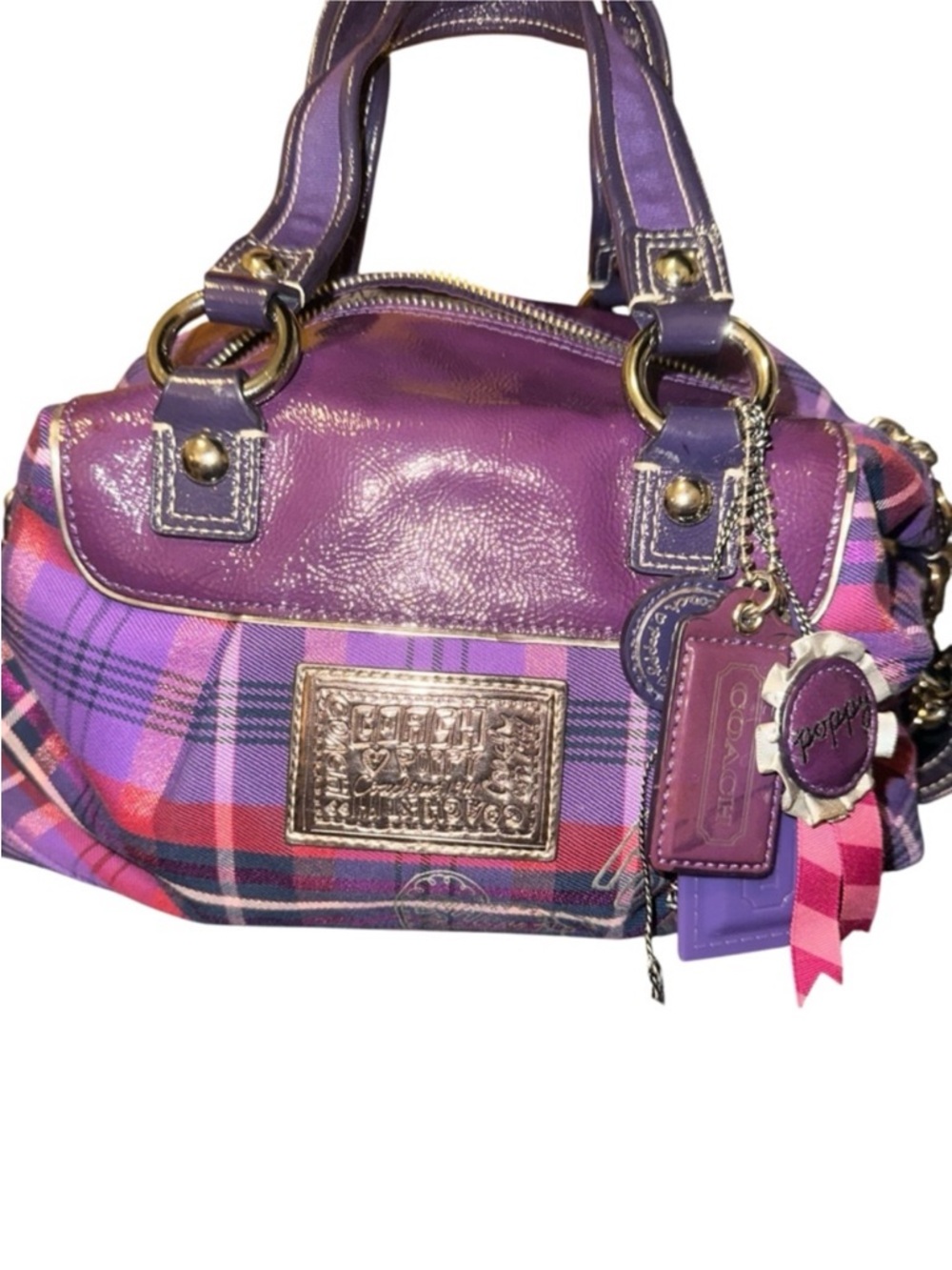 Coach Poppy Tartan Purple Plaid Satchel with Magenta Accents 4 hang tags - Picture 3 of 16